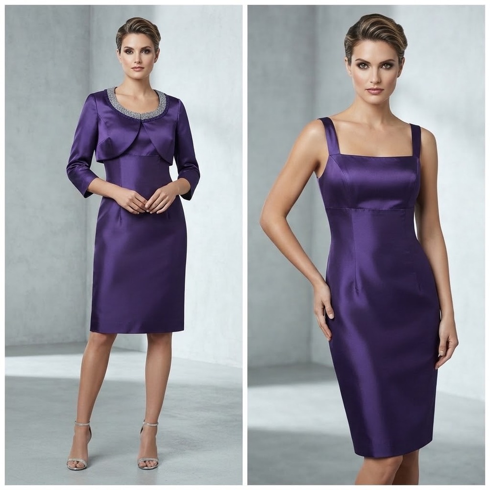 Adrianna Papell Purple Silk Blend Sheath Dress & Beaded Bolero Jacket Set Size 4